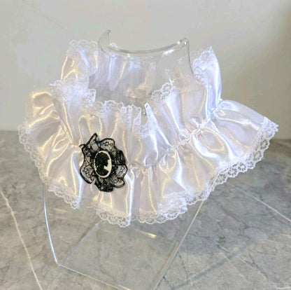 White Satin & Lace Choker Neck Ruff Collar With Skeleton Cameo - Steampunk Gothic Costume Whitby