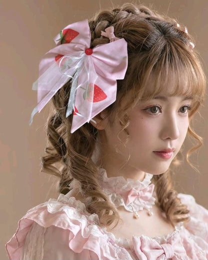 Pink Red Strawberry & Lace Hair Bow, Clip On - Lolita Gothic Punk