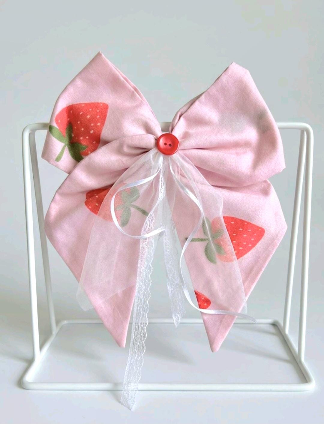 Pink Red Strawberry & Lace Hair Bow, Clip On - Lolita Gothic Punk