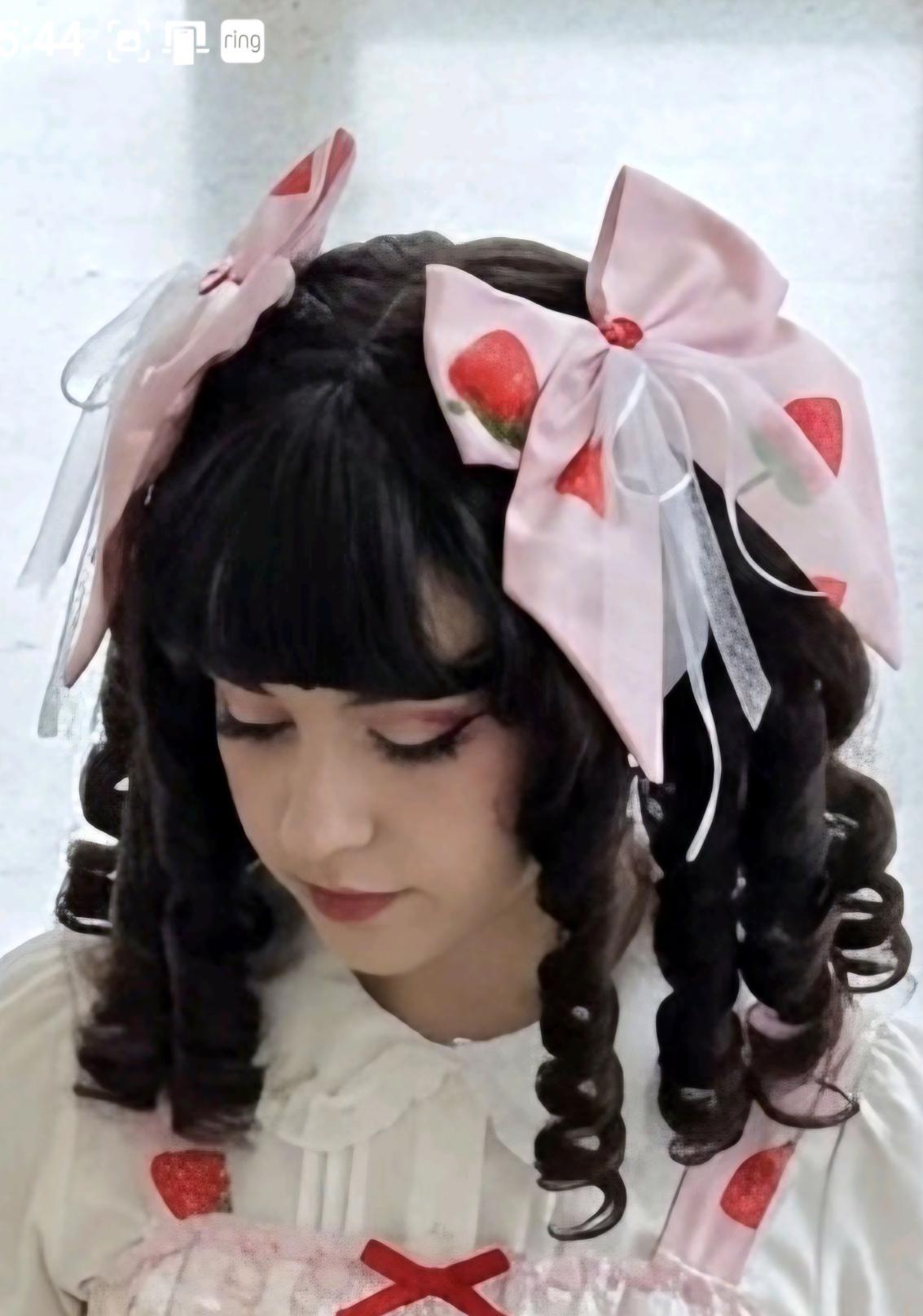 Pink Red Strawberry & Lace Hair Bow, Clip On - Lolita Gothic Punk