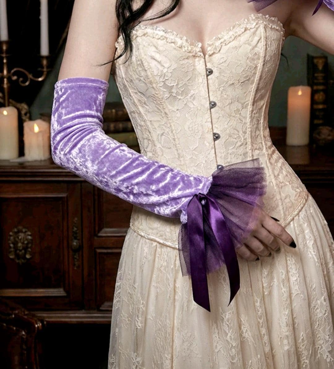 Lilac Purple Velvet Long Arm Warmers Black Net Lace, Gothic Victorian Sleeves Opera Gloves