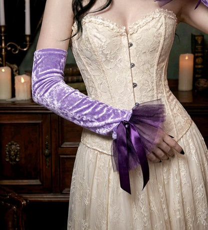 Lilac Purple Velvet Long Arm Warmers Black Net Lace, Gothic Victorian Sleeves Opera Gloves