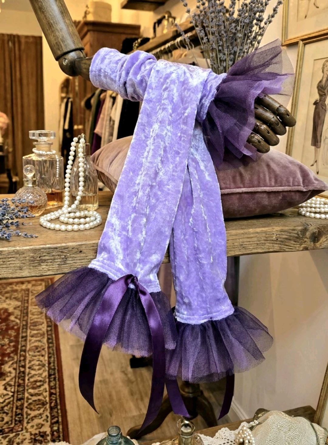 Lilac Purple Velvet Long Arm Warmers Black Net Lace, Gothic Victorian Sleeves Opera Gloves