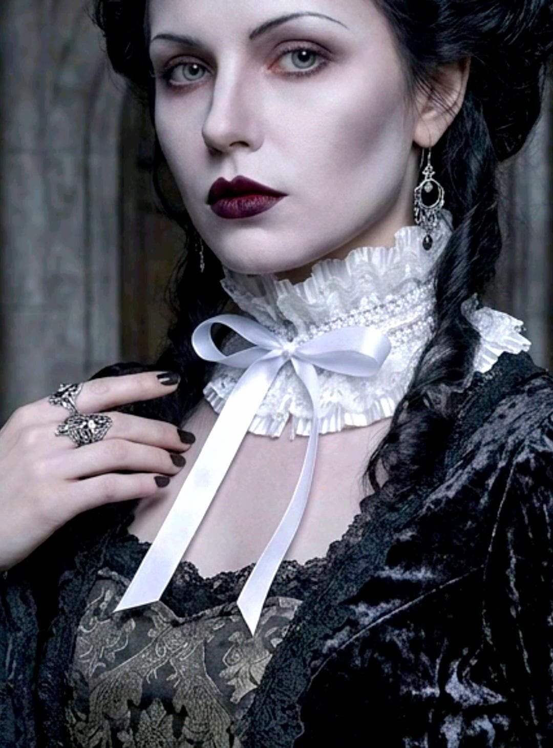 White Satin & Lace Choker Neck Ruff Collar With Tiny Pearls - Steampunk Gothic Costume Whitby