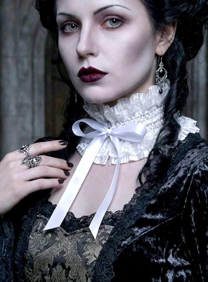 White Satin & Lace Choker Neck Ruff Collar With Tiny Pearls - Steampunk Gothic Costume Whitby
