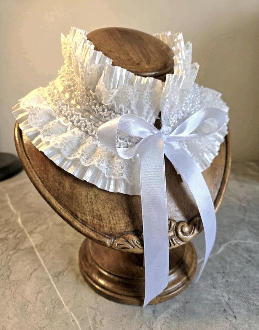 White Satin & Lace Choker Neck Ruff Collar With Tiny Pearls - Steampunk Gothic Costume Whitby