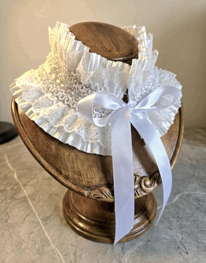 White Satin & Lace Choker Neck Ruff Collar With Tiny Pearls - Steampunk Gothic Costume Whitby