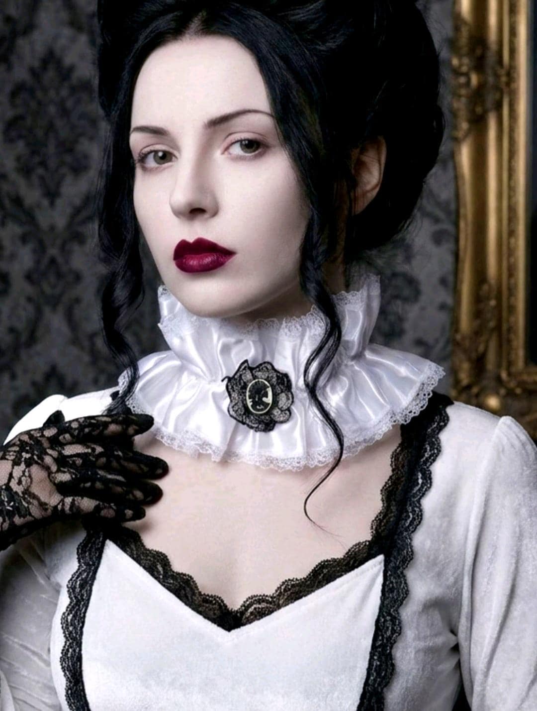 White Satin & Lace Choker Neck Ruff Collar With Skeleton Cameo - Steampunk Gothic Costume Whitby