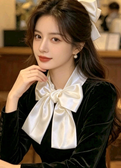 Cream Satin Cravat Bow Tie - Steampunk Pussy Bow Gothic Victorian Costume Wedding