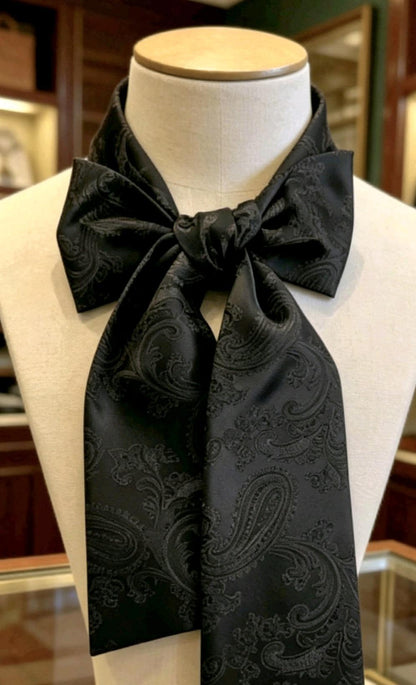 Black Silky Paisley Cravat Bow Tie - Steampunk Gothic Victorian Costume Wedding