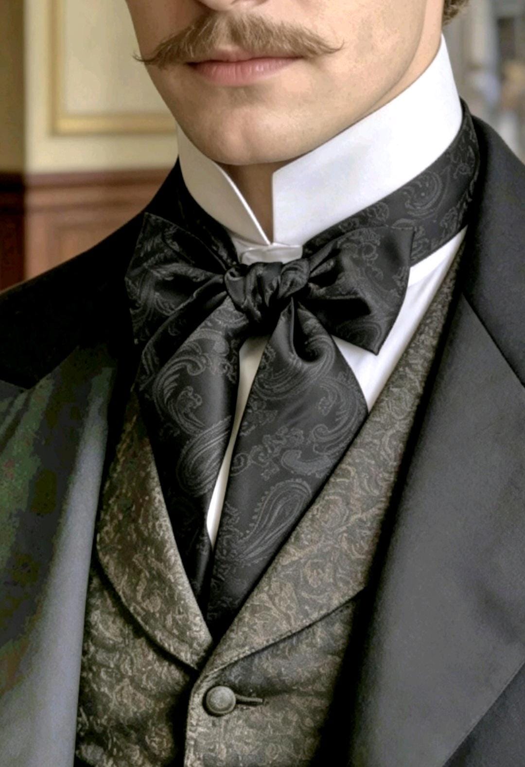Black Silky Paisley Cravat Bow Tie - Steampunk Gothic Victorian Costume Wedding