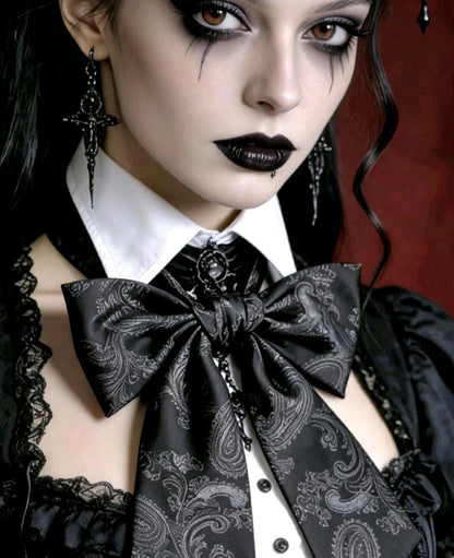 Black Silky Paisley Cravat Bow Tie - Steampunk Gothic Victorian Costume Wedding
