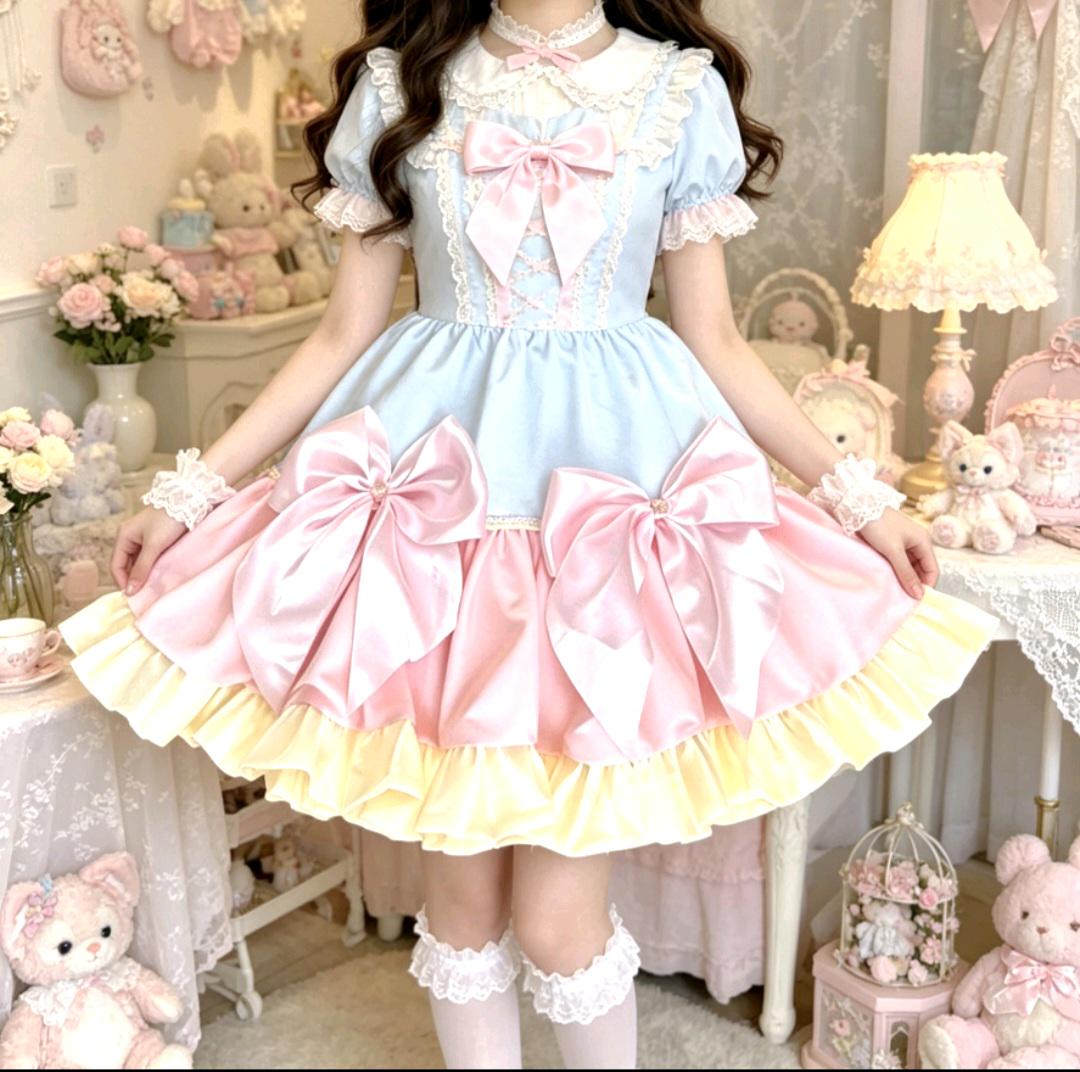 Pink Lemon Blue Sweet Lolita Kawaii Skirt - Frills Bows Kei Size 8 - 10 (UK)