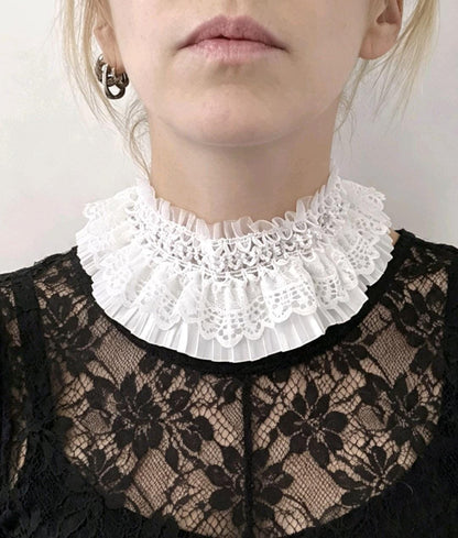 White Satin & Lace Choker Neck Ruff Collar With Tiny Pearl Detail- Steampunk Gothic Costume Whitby