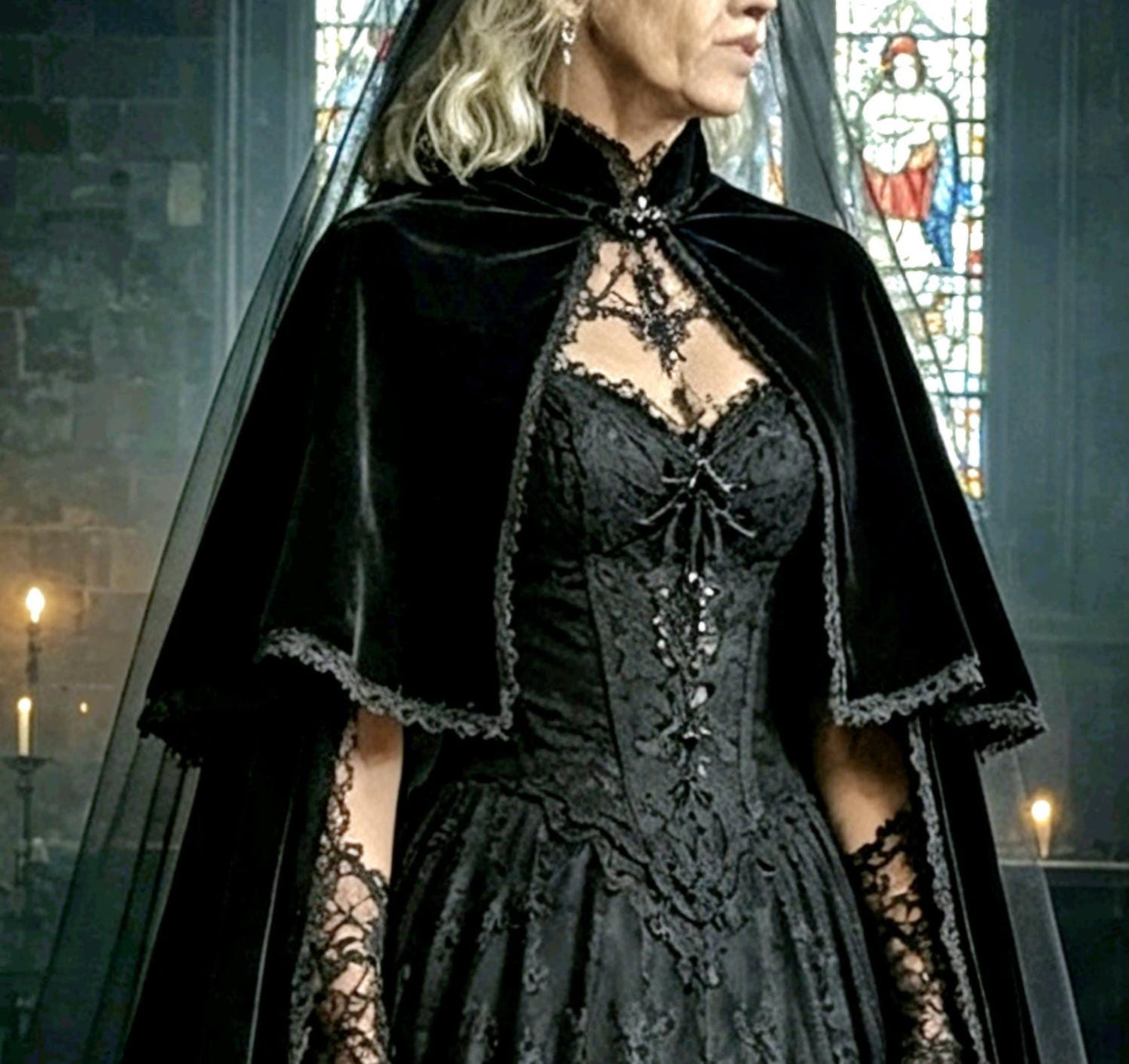 Black Velvet Cape With Lace Edging - Victorian Steampunk Gothic Costume Whitby