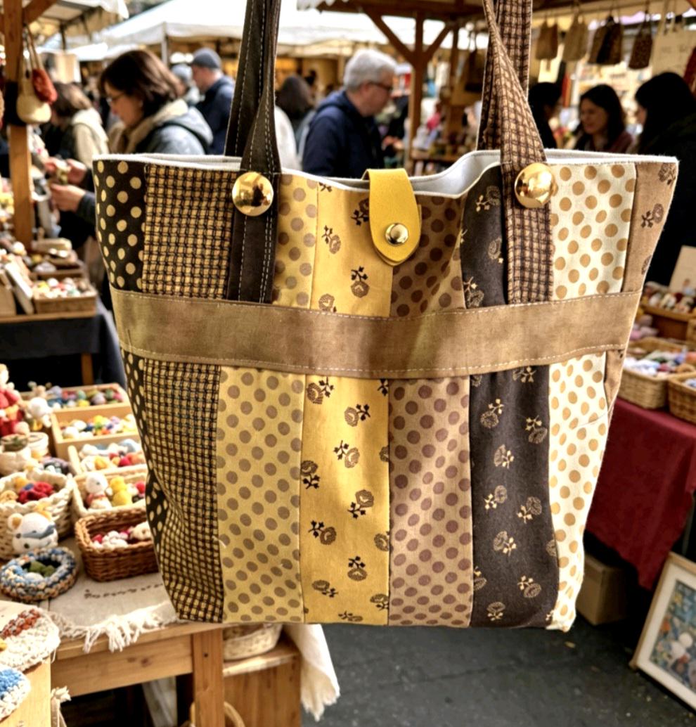 Mustard Yellow Brown Patchwork Tote Bag Fully Lined, Shopper, Holiday, Festival