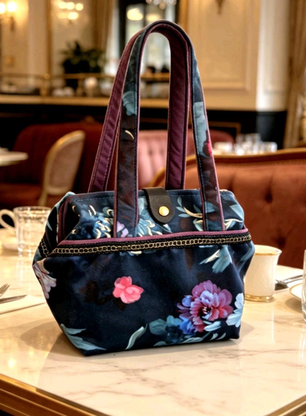 Handmade Blue Pink Velvet Handbag, Fully Lined, Original OOAK