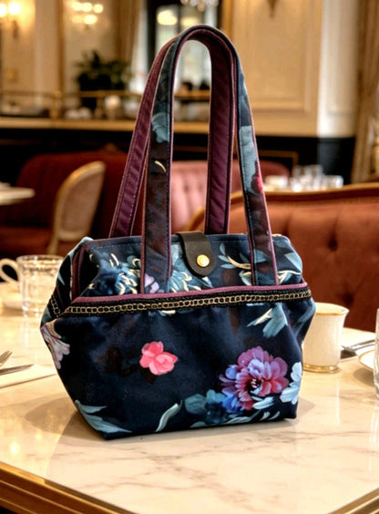 Handmade Blue Pink Velvet Handbag, Fully Lined, Original OOAK