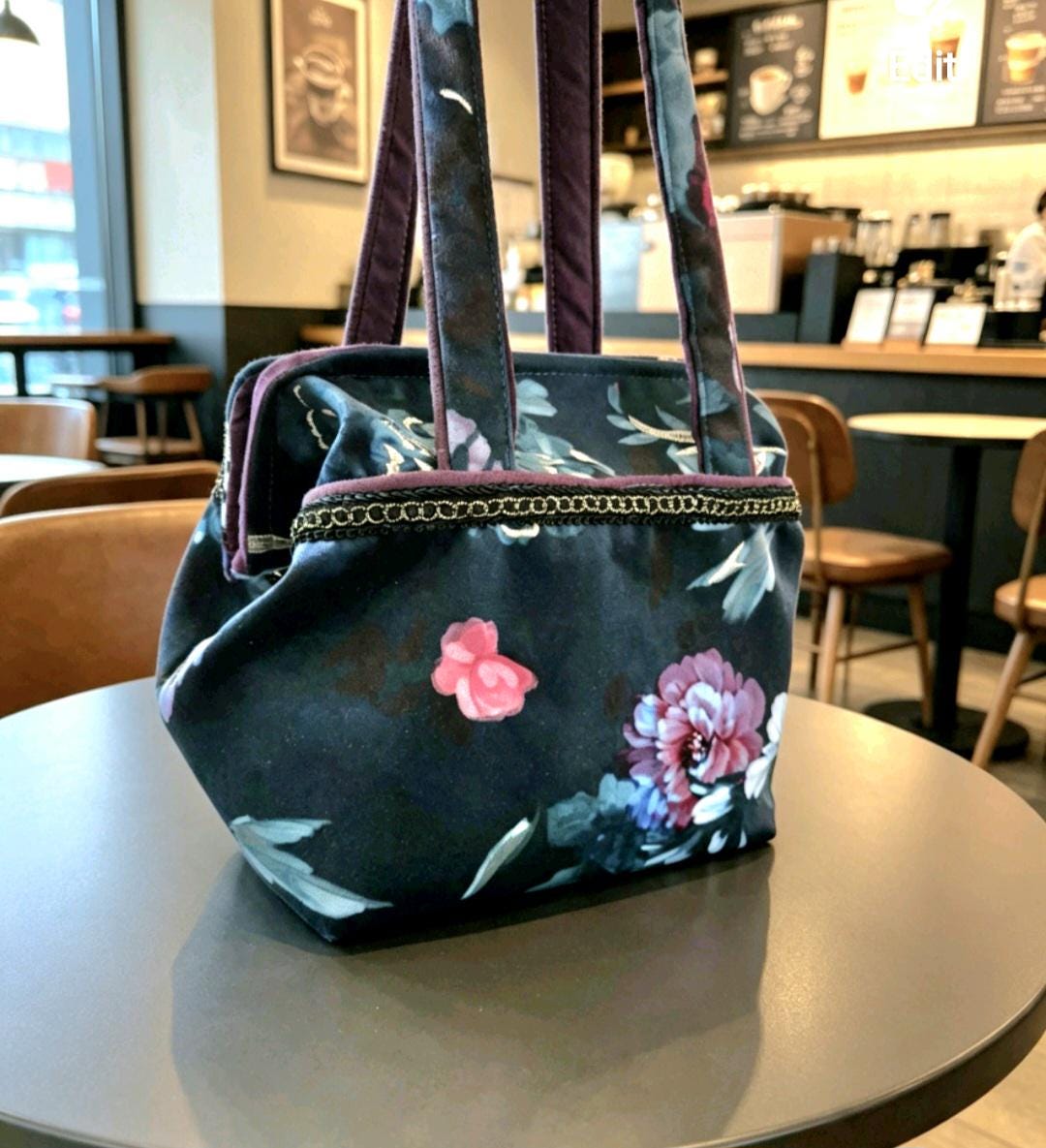 Handmade Blue Pink Velvet Handbag, Fully Lined, Original OOAK