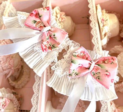 White Lace Wrist Cuffs With Pink Flower Bows - Whitby Lolita Kawaii Cute
