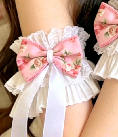 White Lace Wrist Cuffs With Pink Flower Bows - Whitby Lolita Kawaii Cute