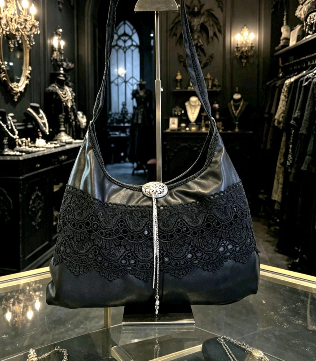 Black Faux Leather & Lace Gothic Lolita Shoulder Bag Cosplay Whitby