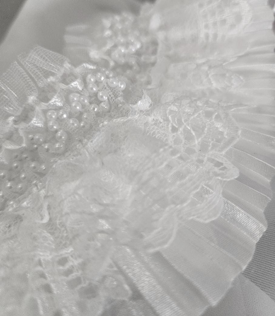 White Satin & Lace Choker Neck Ruff Collar With Tiny Pearl Detail- Steampunk Gothic Costume Whitby