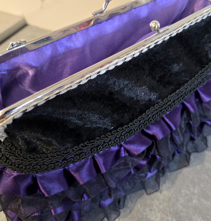 Black Velvet & Purple Lace Gothic Evening Bag Clutch Chain Handle Party Whitby