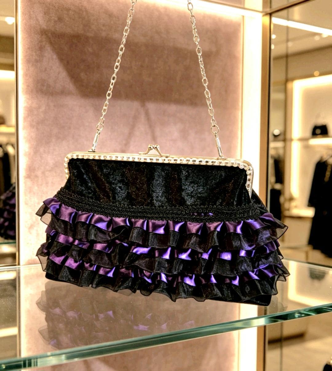Black Velvet & Purple Lace Gothic Evening Bag Clutch Chain Handle Party Whitby