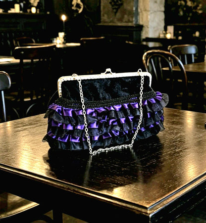 Black Velvet & Purple Lace Gothic Evening Bag Clutch Chain Handle Party Whitby
