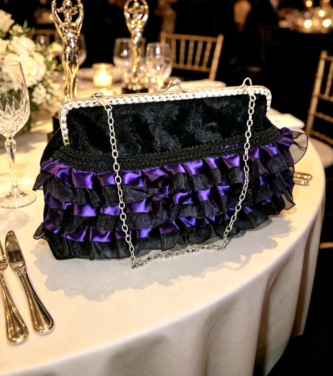 Black Velvet & Purple Lace Gothic Evening Bag Clutch Chain Handle Party Whitby