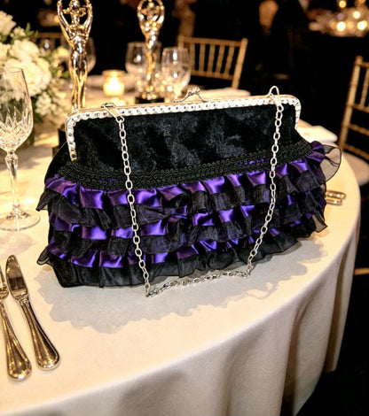 Black Velvet & Purple Lace Gothic Evening Bag Clutch Chain Handle Party Whitby