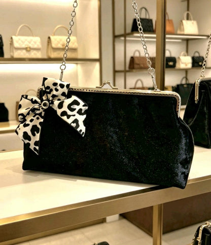 Handmade Black Velvet & Bow Detail Gothic Evening Bag Clutch Chain Handle Party Whitby