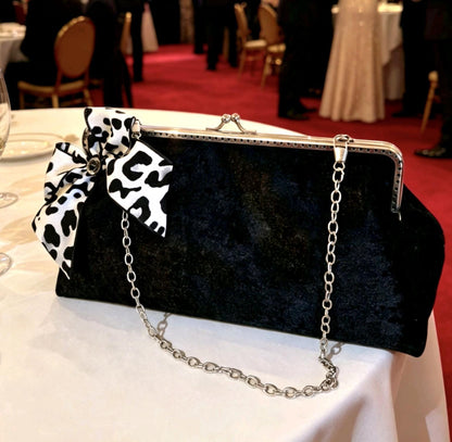 Handmade Black Velvet & Bow Detail Gothic Evening Bag Clutch Chain Handle Party Whitby