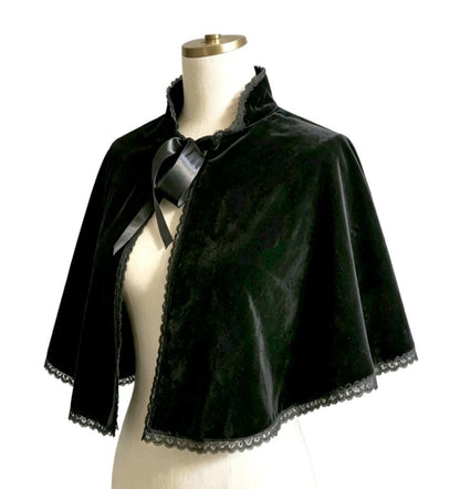 Black Velvet Cape With Lace Edging - Victorian Steampunk Gothic Costume Whitby