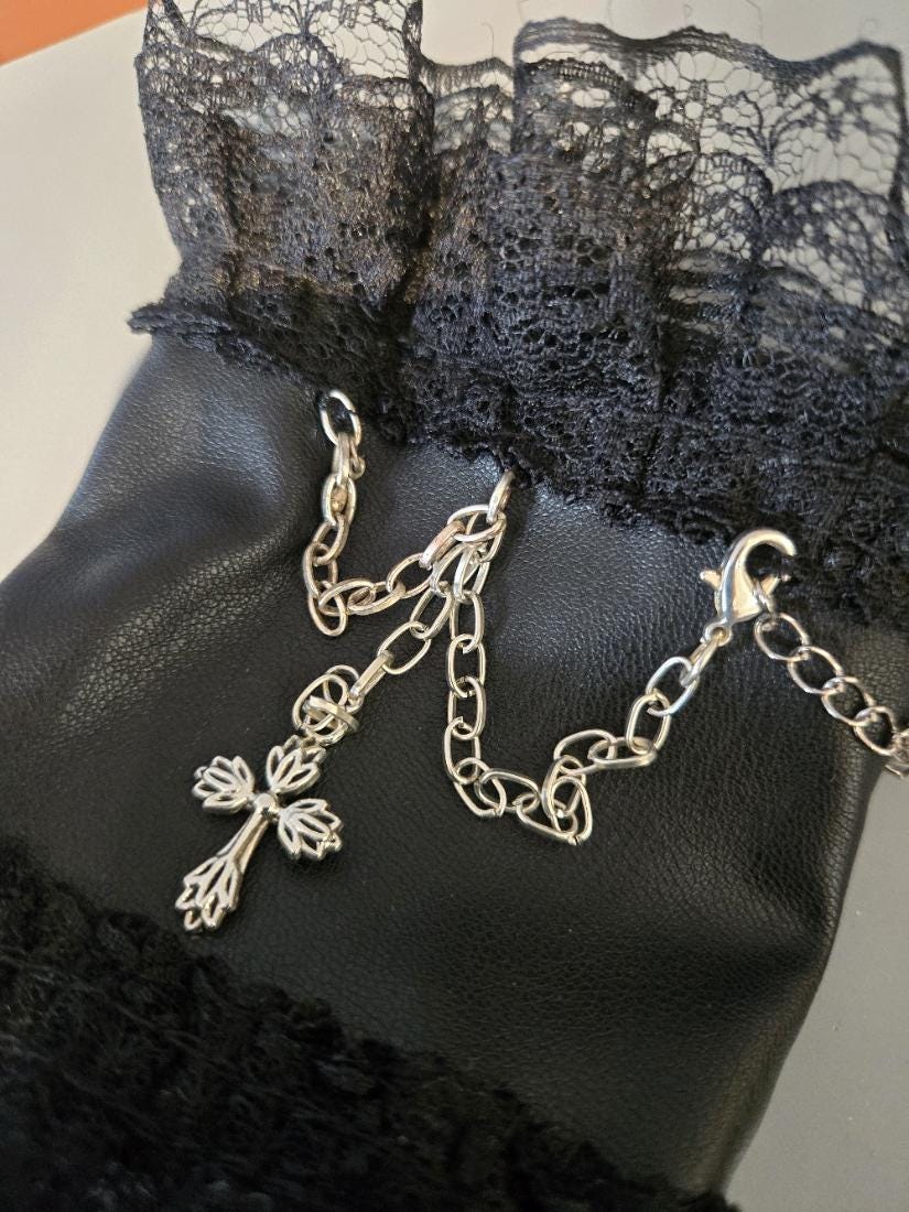 Black Faux Leather Lace Arm Band Cuff, With Silver Chain & Cross Gothic Steampunk
