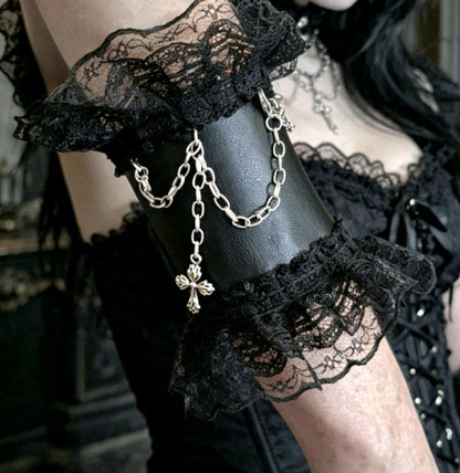 Black Faux Leather Lace Arm Band Cuff, With Silver Chain & Cross Gothic Steampunk