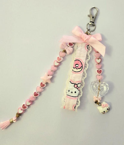 Handmade Lolita Kitty Keyring Key Chain Pink White Hearts Bows Beads Kawaii