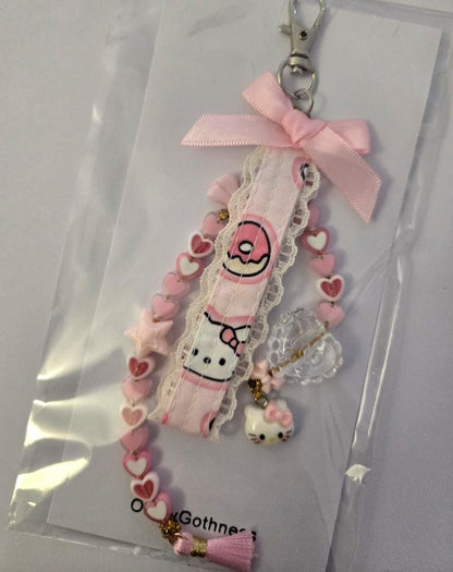 Handmade Lolita Kitty Keyring Key Chain Pink White Hearts Bows Beads Kawaii
