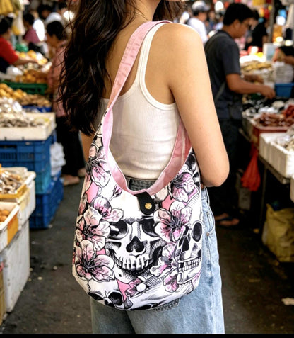 Pink Black White Skulls Boho Sling Bag - Travel Holiday Festival
