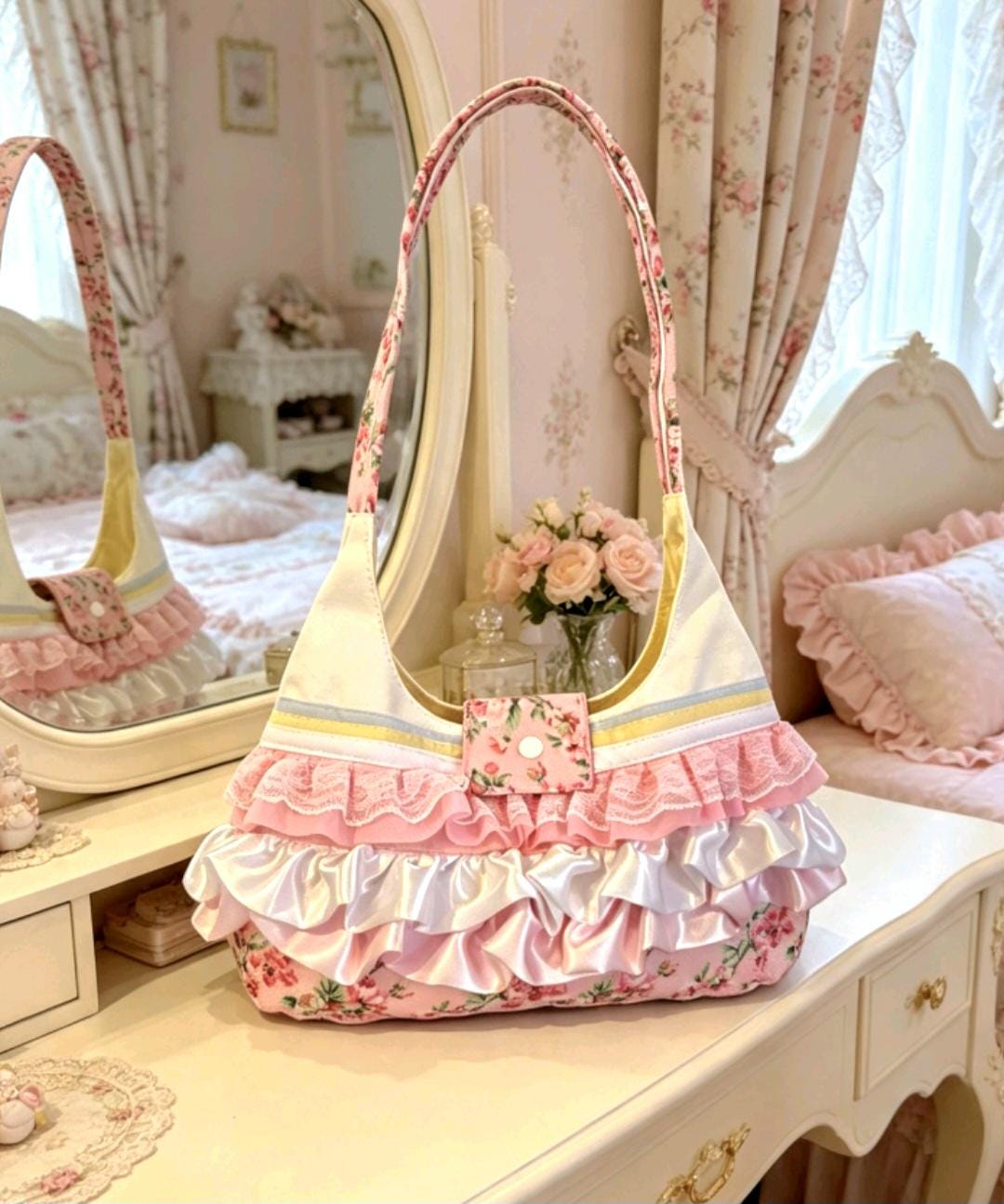 Handmade Lolita Kawaii Hand Bag Pink White Flowers Bows Lace Frills Cosplay Tea Party