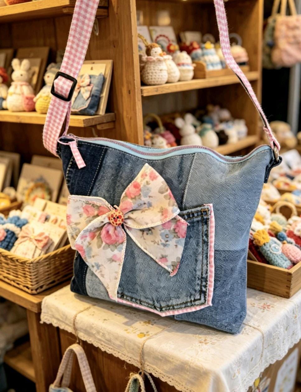 Denim & Pink Gingham Crossbody Shoulder Bag Removable Big Bow Fully Lined , Holiday Festival