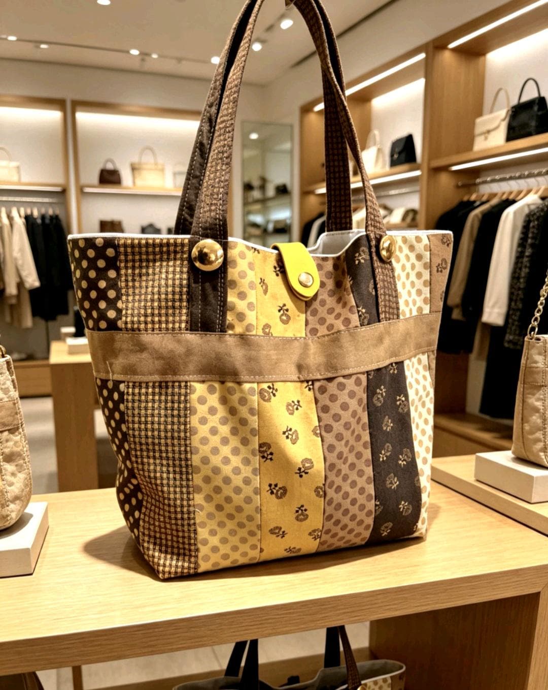 Mustard Yellow Brown Patchwork Tote Bag Fully Lined, Shopper, Holiday, Festival
