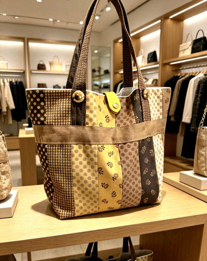 Mustard Yellow Brown Patchwork Tote Bag Fully Lined, Shopper, Holiday, Festival