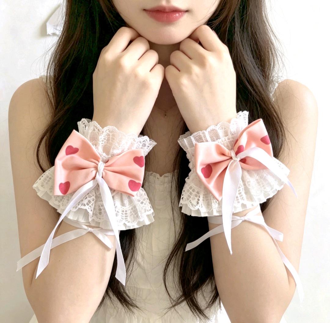White Lace Wrist Cuffs With Pink Heart Bows - Whitby Lolita Kawaii Cute