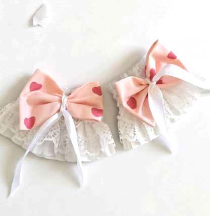 White Lace Wrist Cuffs With Pink Heart Bows - Whitby Lolita Kawaii Cute