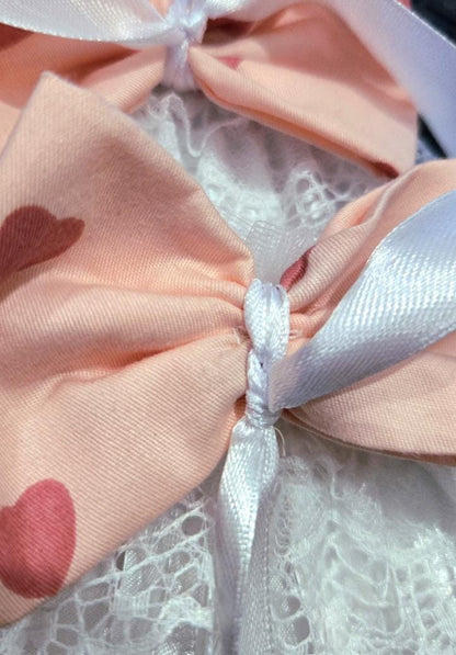 White Lace Wrist Cuffs With Pink Heart Bows - Whitby Lolita Kawaii Cute