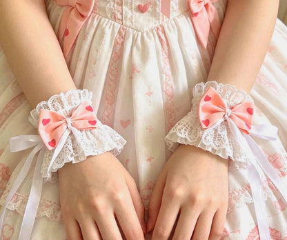 White Lace Wrist Cuffs With Pink Heart Bows - Whitby Lolita Kawaii Cute