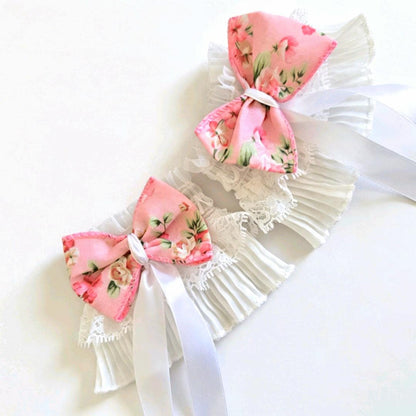 White Lace Wrist Cuffs With Pink Flower Bows - Whitby Lolita Kawaii Cute