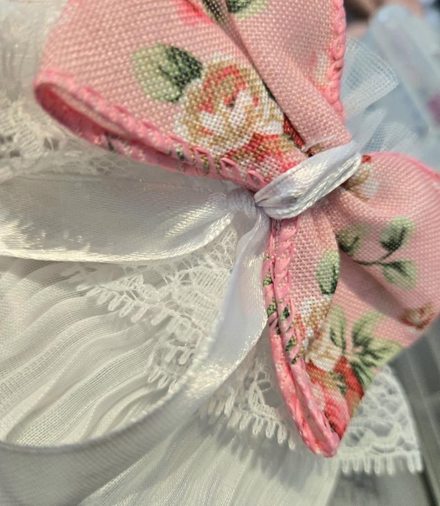 White Lace Wrist Cuffs With Pink Flower Bows - Whitby Lolita Kawaii Cute